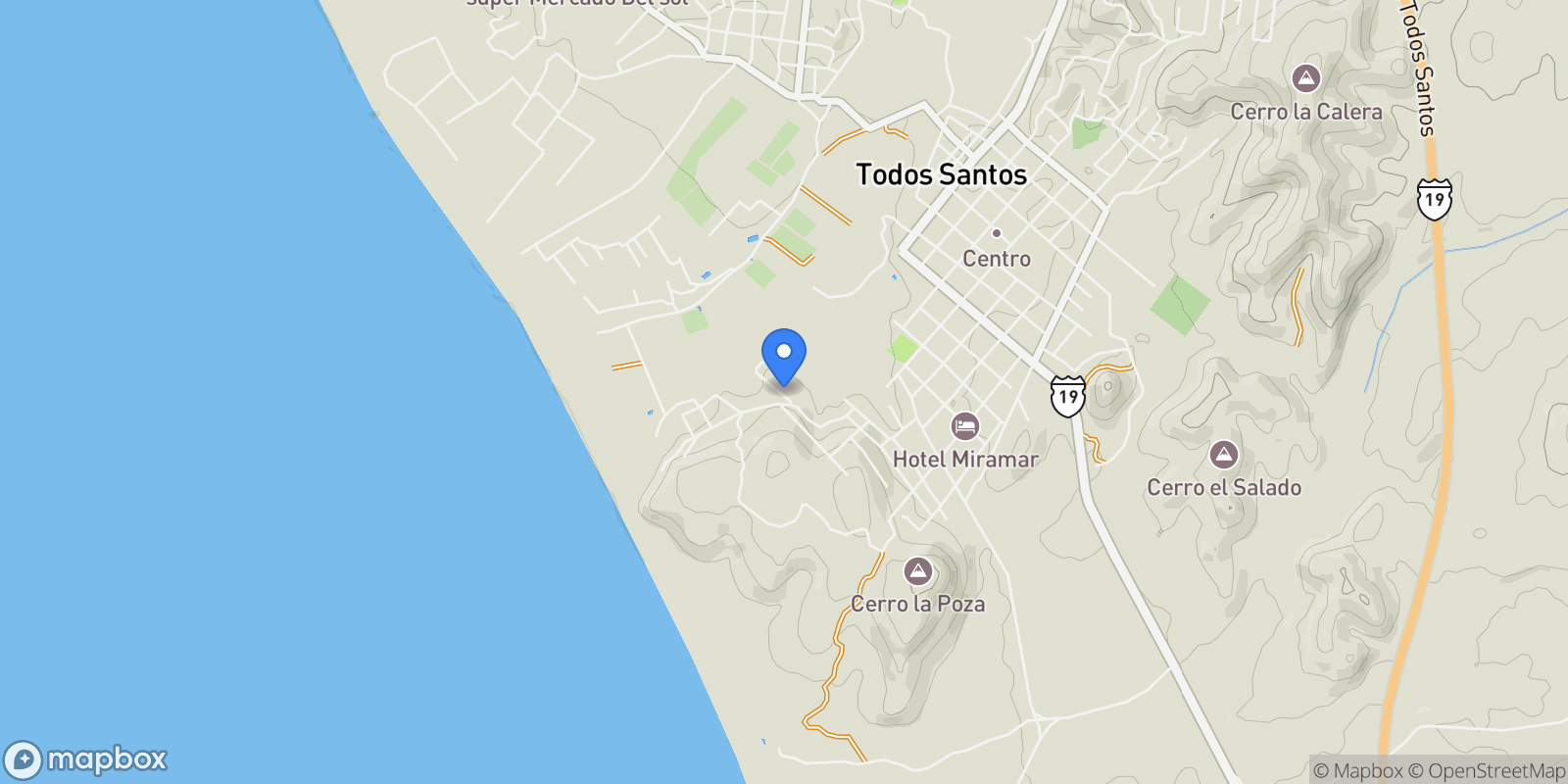 Map showing OFFERING OWNER FINANCING, Todos Santos, Baja California Sur, Mexico.