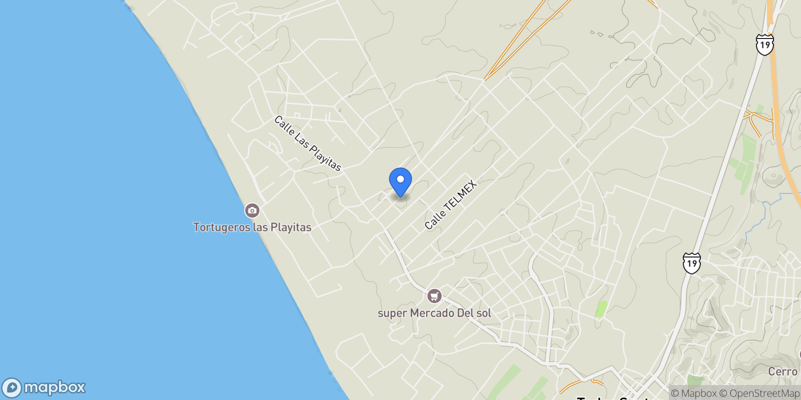Map showing 14 Camino del Sol, Todos Santos, Baja California Sur, Mexico.
