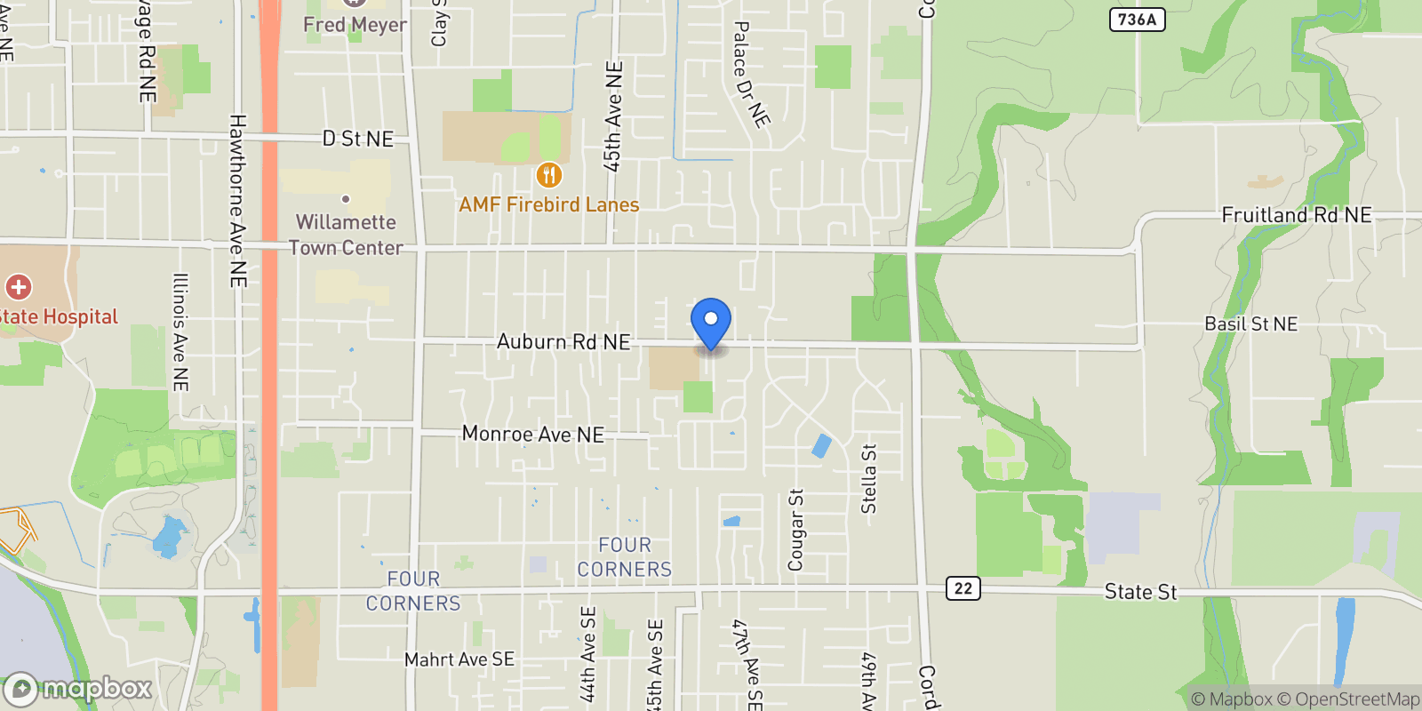 Map showing 4676 Auburn Rd NE, Salem, Oregon, United States.