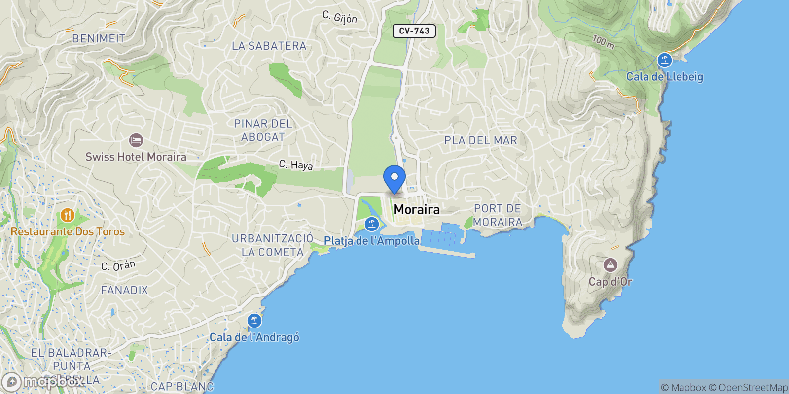 Map showing Moraira, Alicante, Moraira, Teulada, Valencian Community.