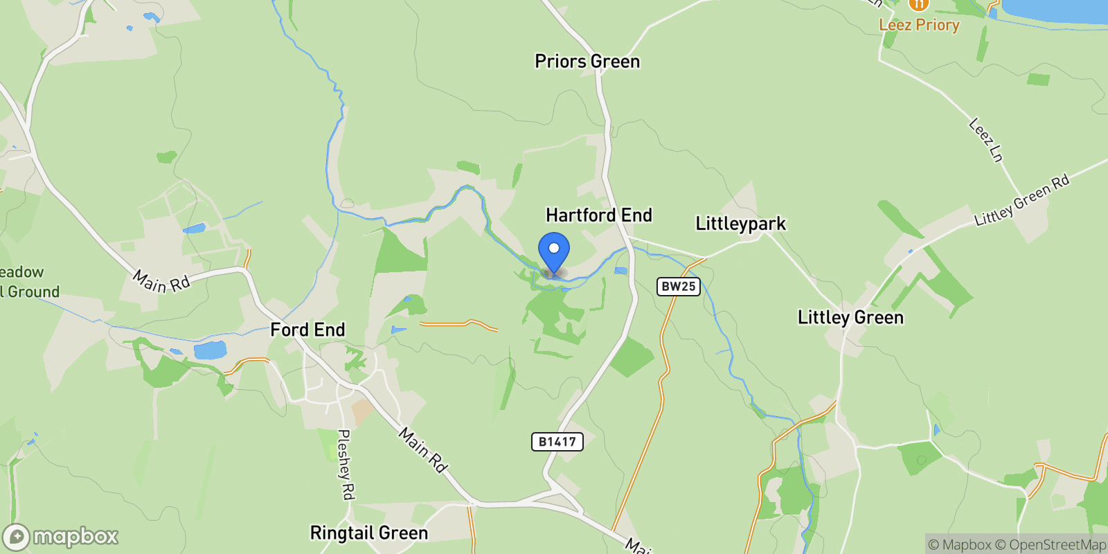 Map showing Mill Lane, Hartford End, Felsted, Chelmsford, Essex, Hartford End, England, United Kingdom.