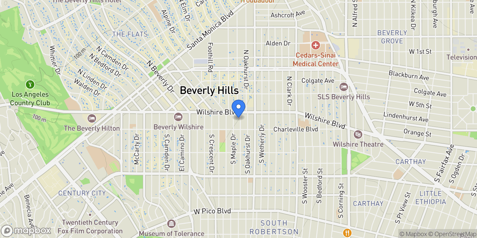 Map showing 121 S Palm Dr, Beverly Hills, California, United States.