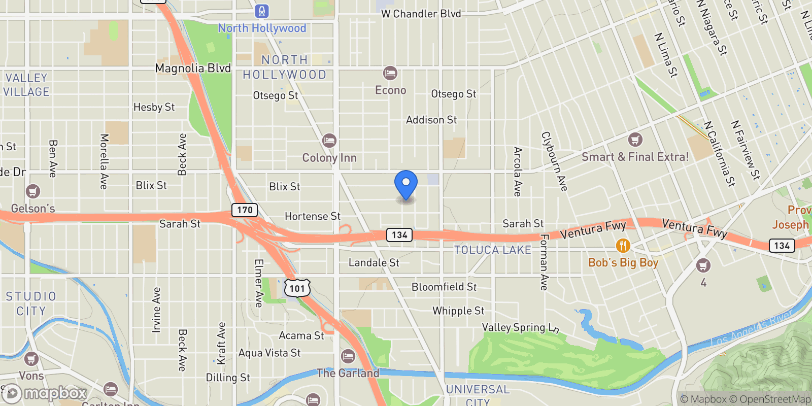 Map showing 4654 Denny Ave, Los Angeles, California, United States.