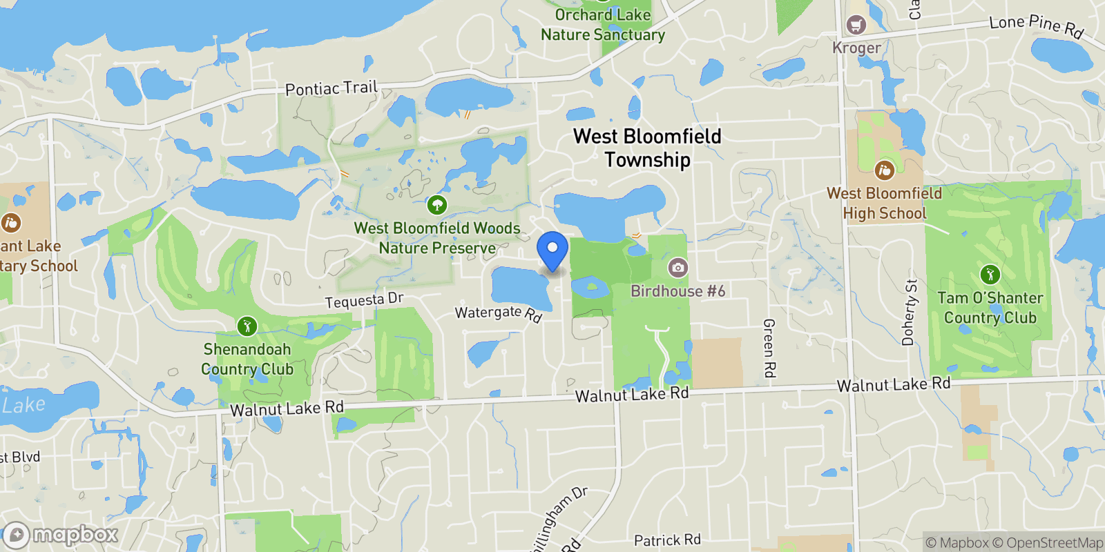 Map showing 5116 W Bloomfield Lake Road, West Bloomfield Charter Township, MI 48323, Orchard Lake Village, Michigan, United States.