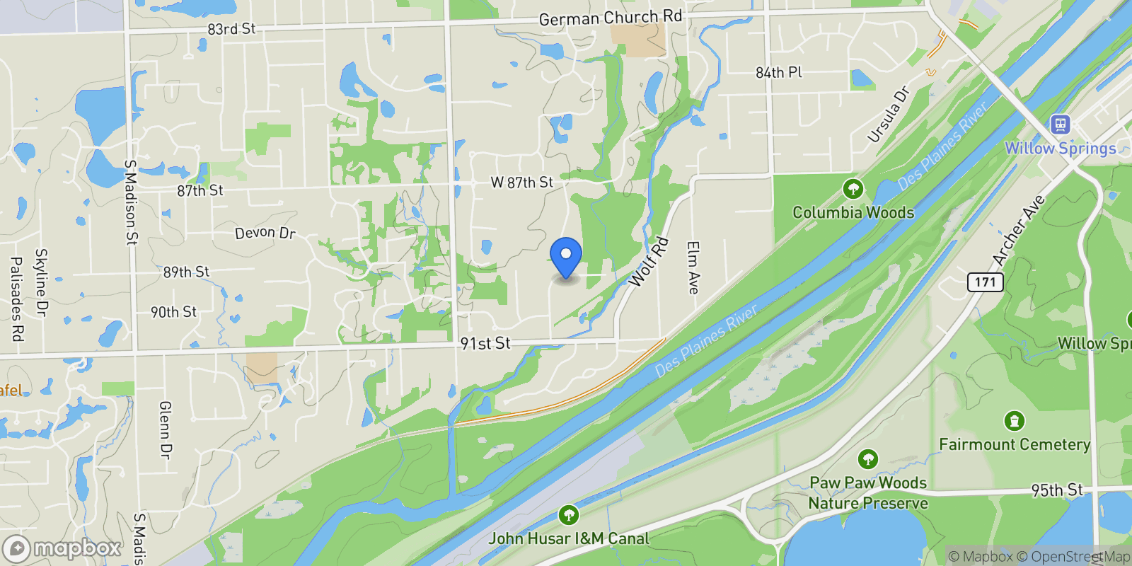 Map showing 11735 Orchard Street, Willow Springs, Illinois, United States.
