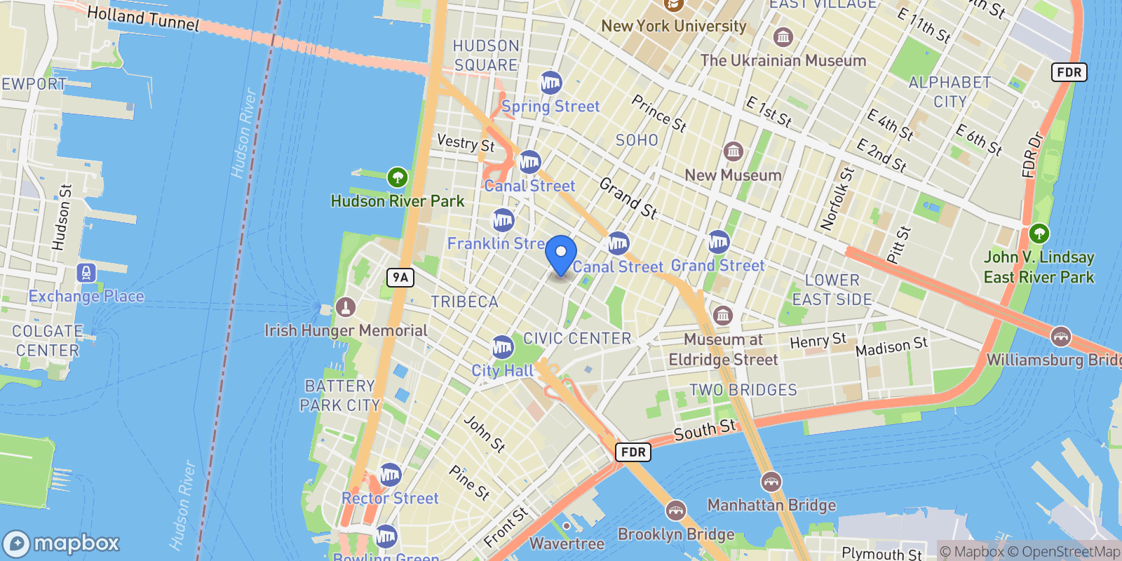 Map showing 108 LEONARD ST, New York, New York, United States.