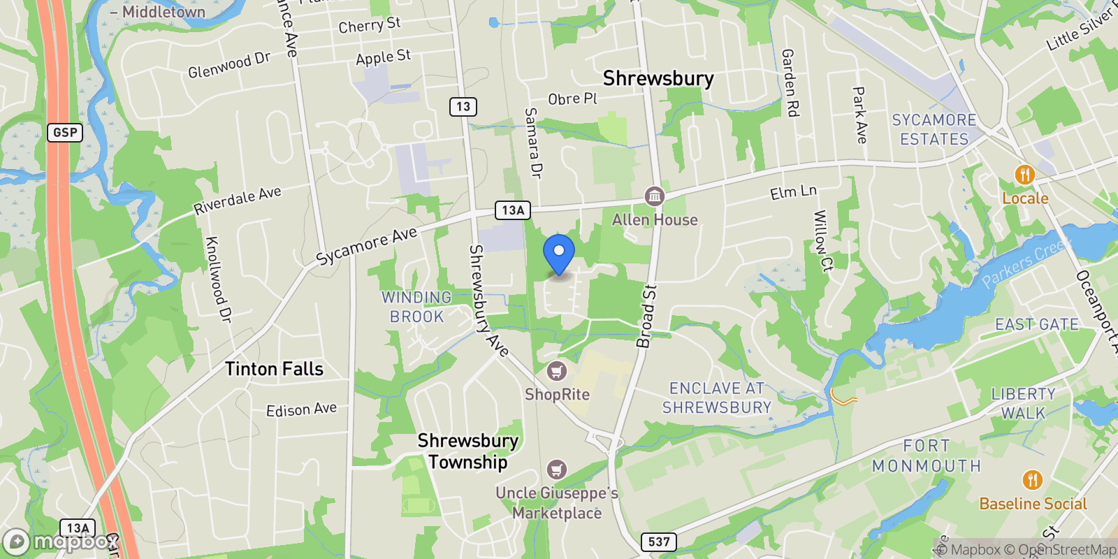 Map showing 59 Thornbrooke Dr , Shrewsbury Boro, NJ 07702, Shrewsbury, New Jersey, United States.