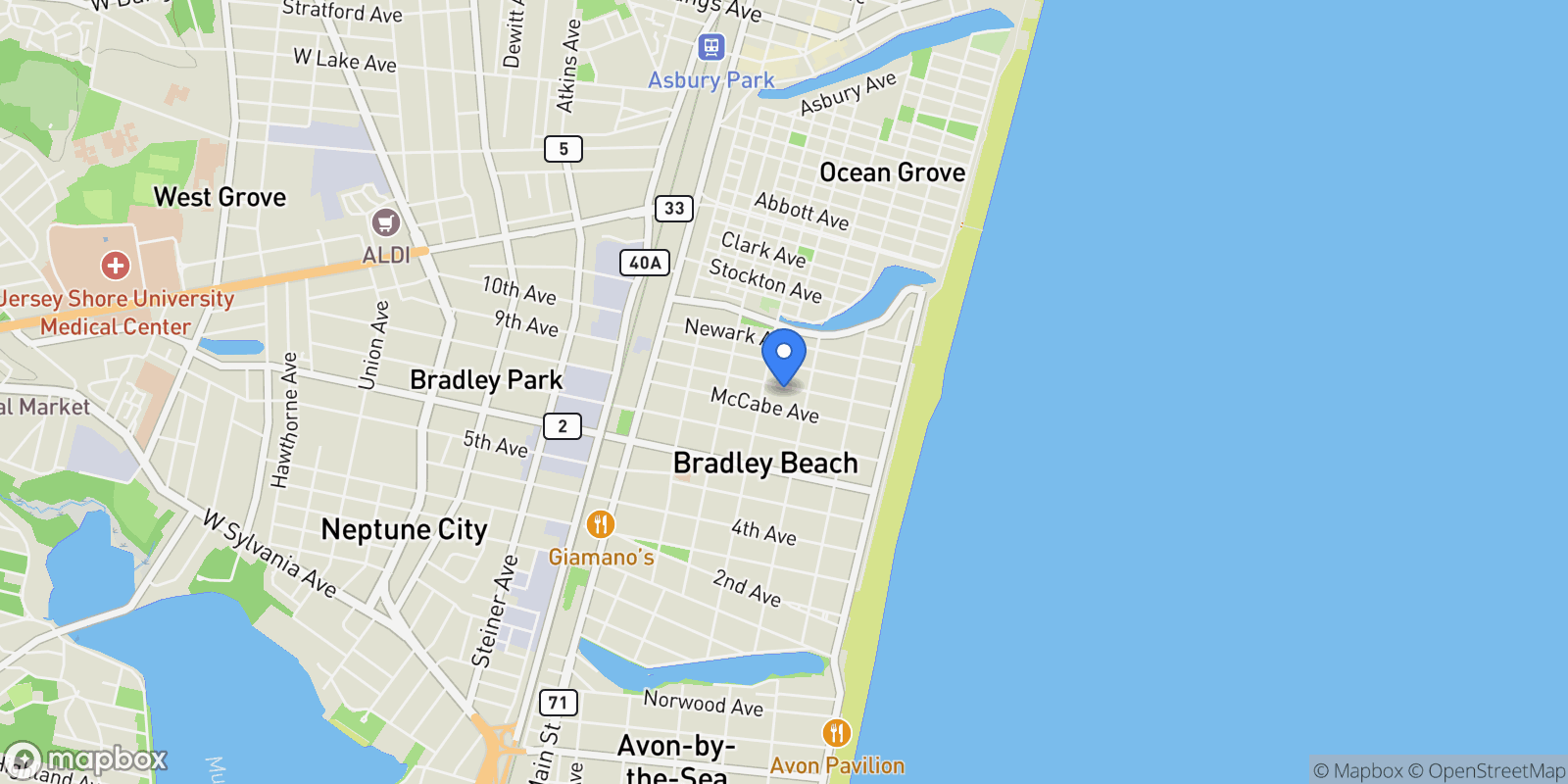 Map showing 311 Ocean Park Ave, Bradley Beach, NJ 07720, Bradley Beach, New Jersey, United States.
