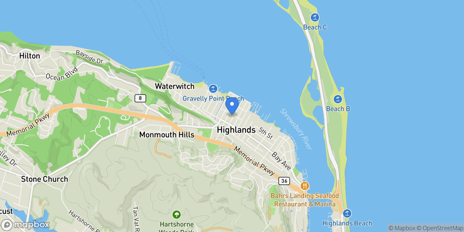 Map showing 52 Washington Ave, Highlands, NJ 07732, Highlands, New Jersey, United States.