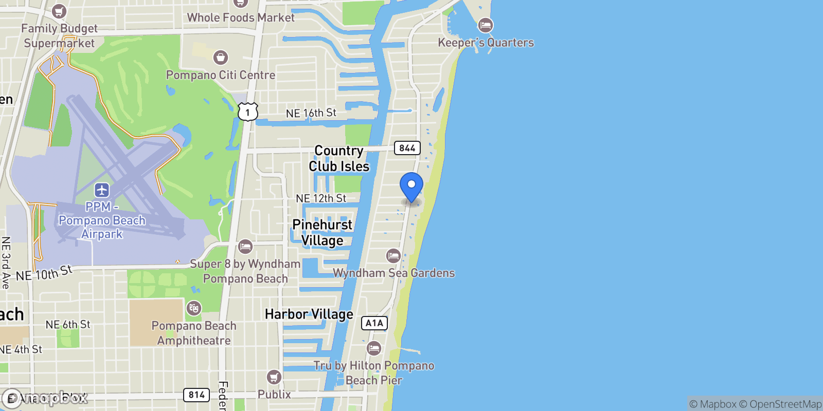 Map showing 900 N Ocean Blvd, Unit #606, Pompano Beach, FL 33062, Hillsboro Beach, Florida, United States.