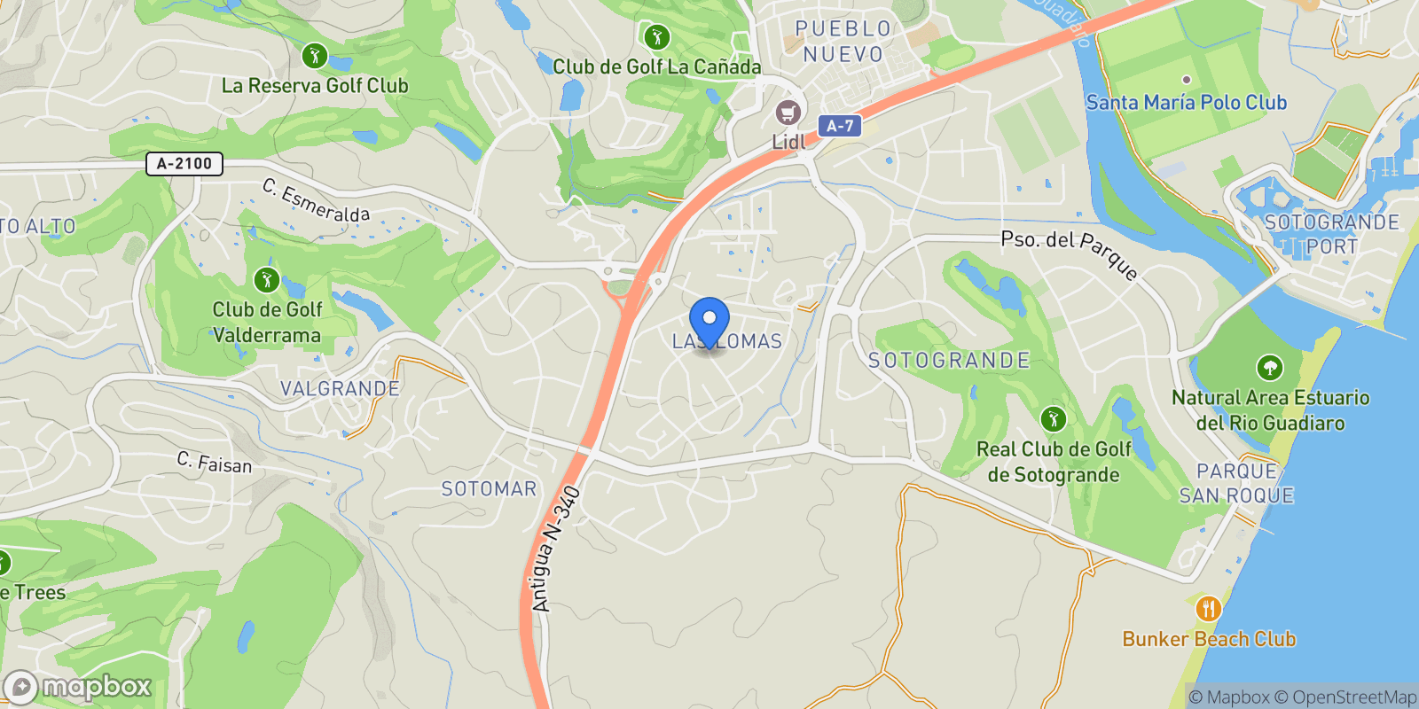 Map showing Cadiz, Sotogrande, San Roque, Andalusia.