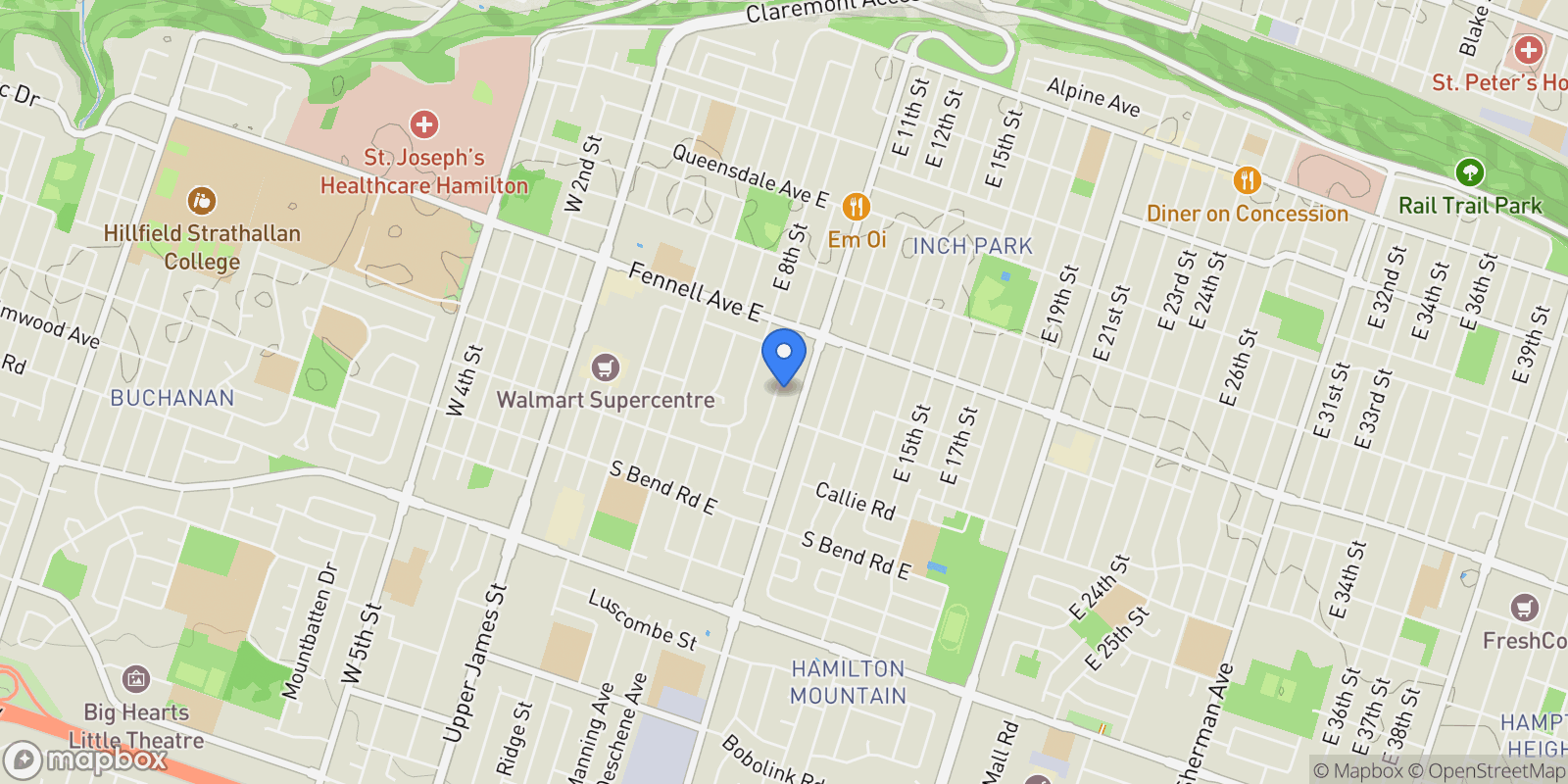 Map showing 115 Welbourn Drive, Hamilton, Ontario, Canada.