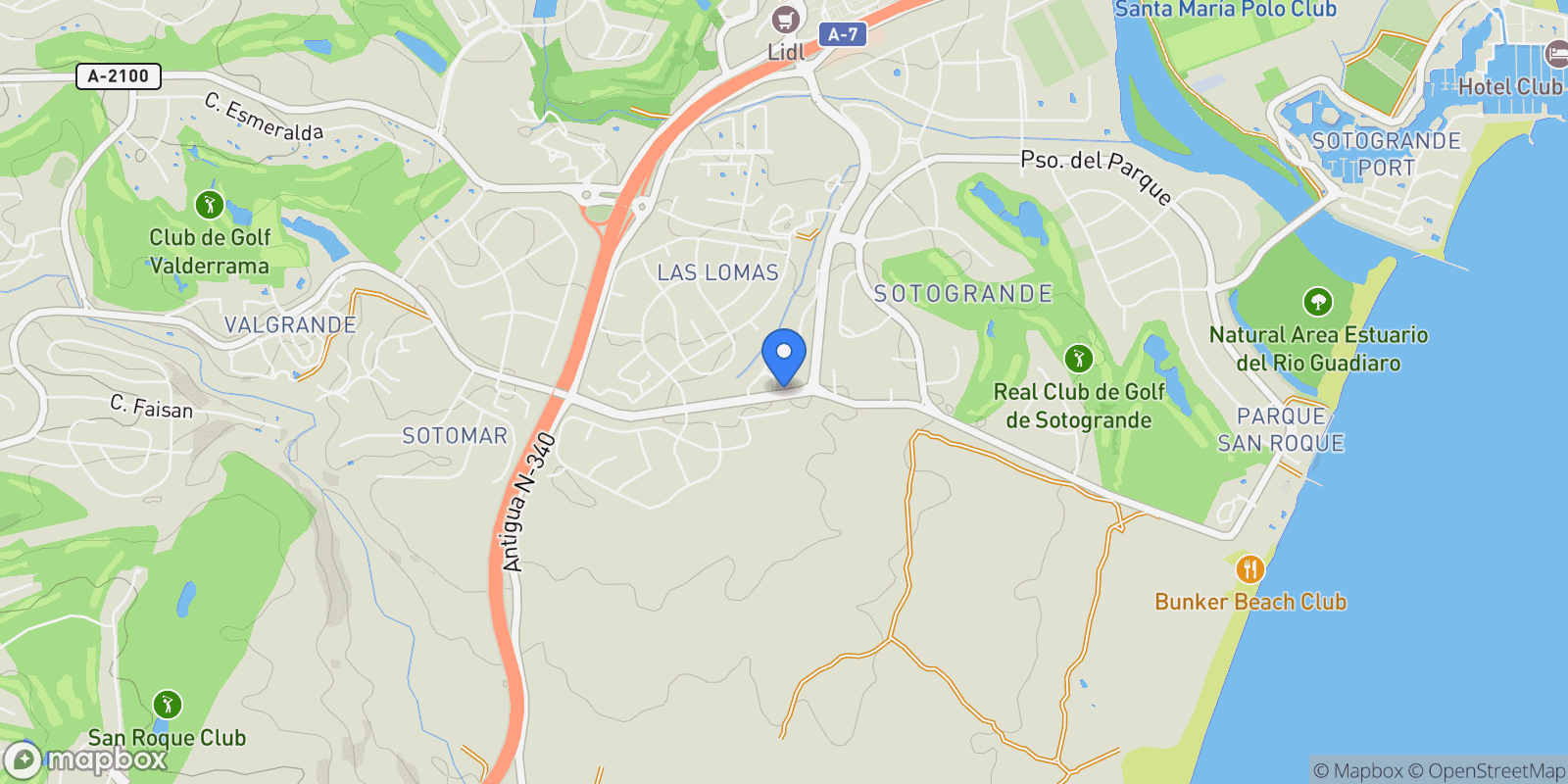 Map showing Cadiz, Sotogrande, San Roque, Andalusia.