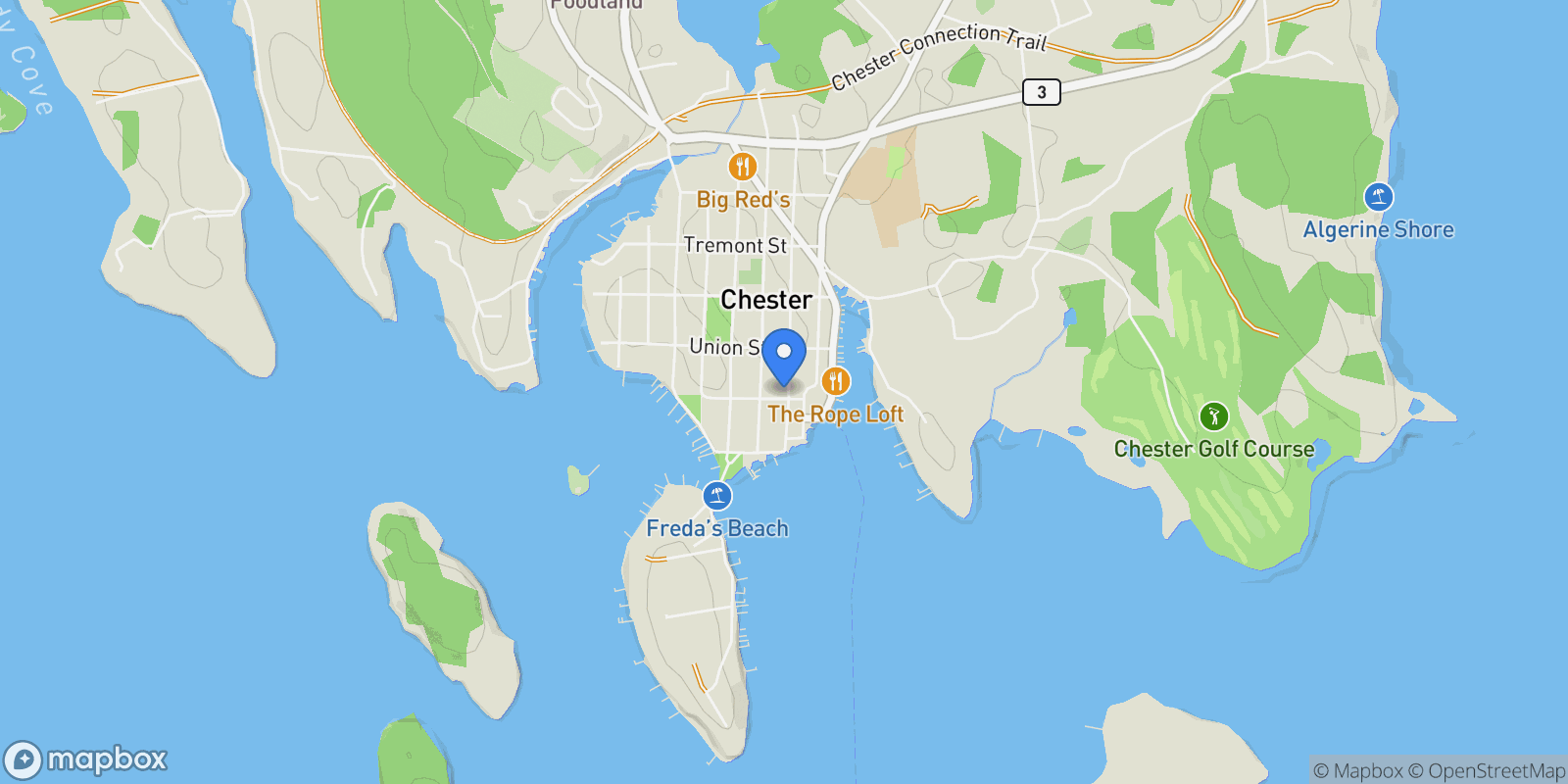 Map showing 43 Queen Street, Chester, Nova Scotia, Canada.