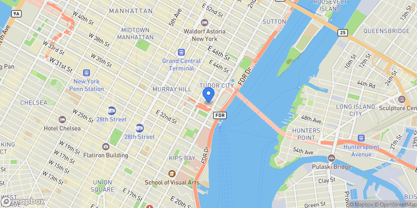 Map showing 330 East 38th Street 50F, New York, NY 10016, New York, New York, United States.