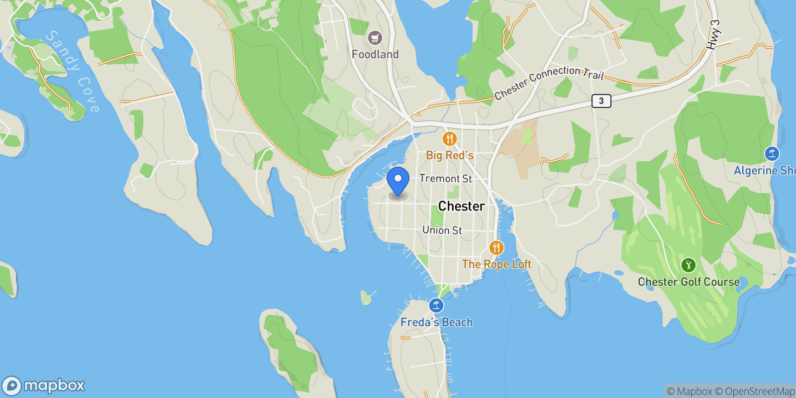 Map showing 132 Regent Street, Chester, Nova Scotia, Canada.