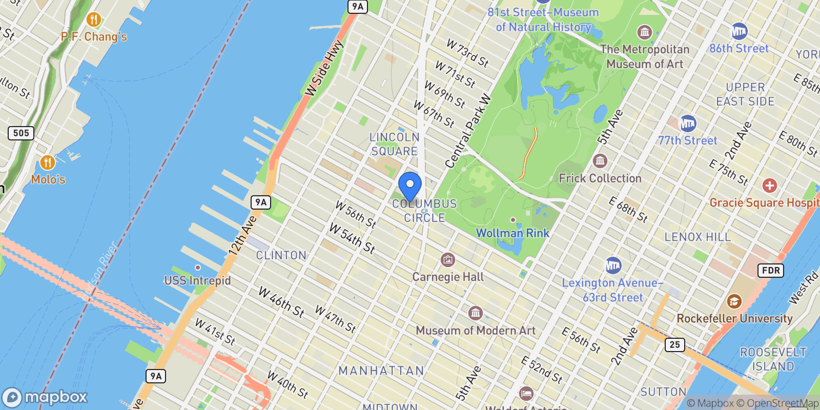 Map showing 25 Columbus Circle 57B, New York, NY 10019, New York, New York, United States.
