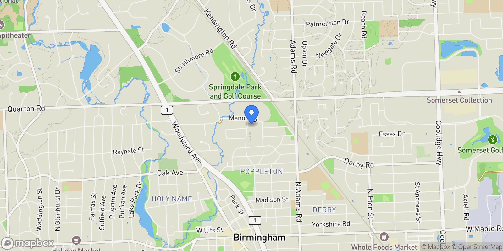 Map showing 1330 Oxford Road, Bloomfield Charter Township, MI 48304, Birmingham, Michigan, United States.