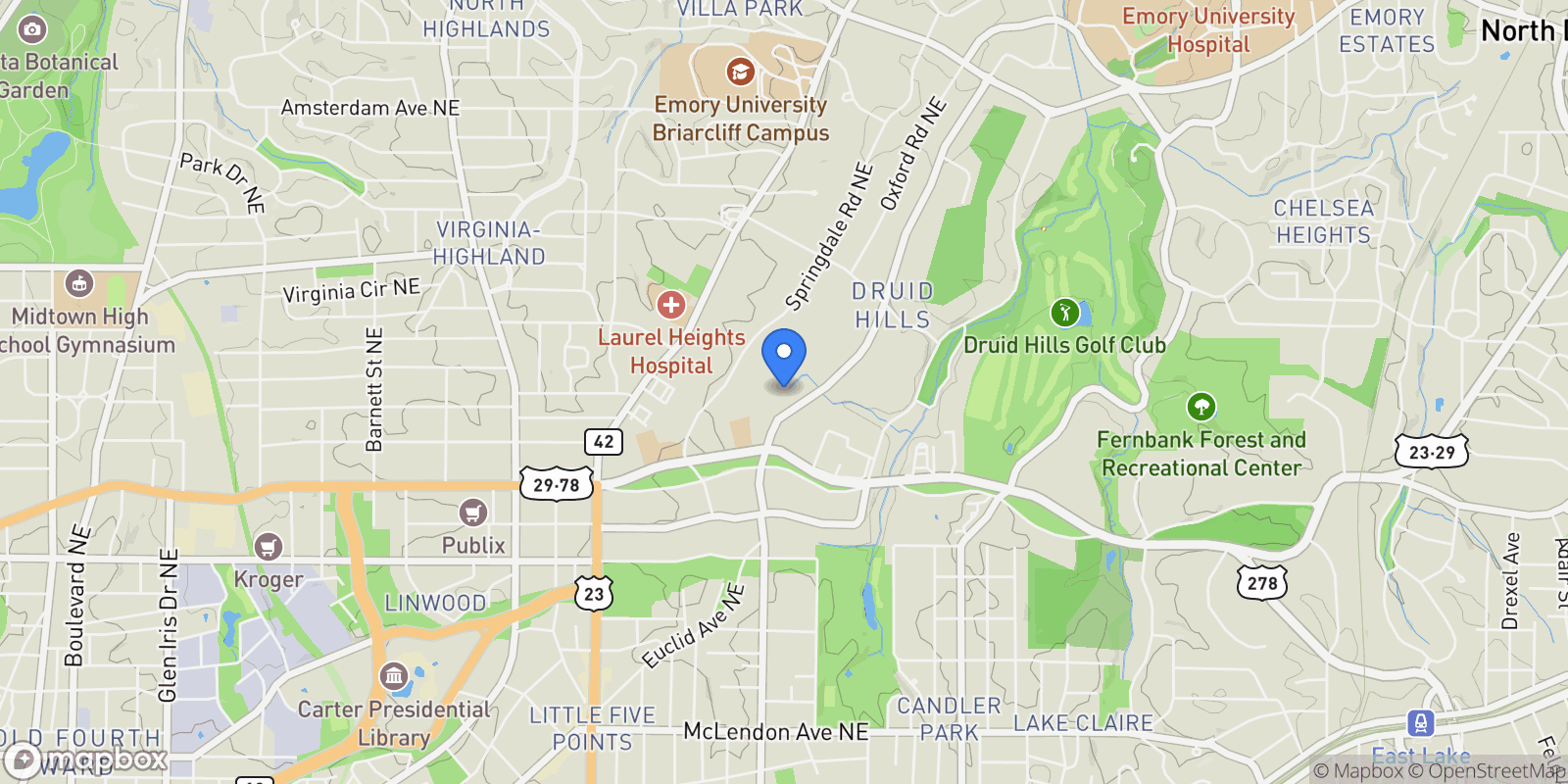 Map showing 820 Oakdale Road NE, Atlanta, GA 30307, Atlanta, Georgia, United States.