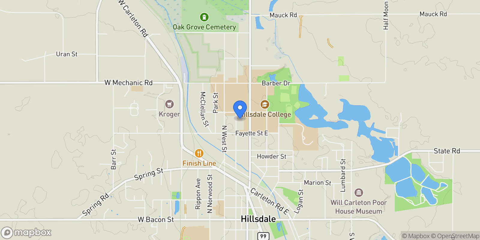 Map showing 221 N Manning Street, Hillsdale, MI 49242, Hillsdale, Michigan, United States.