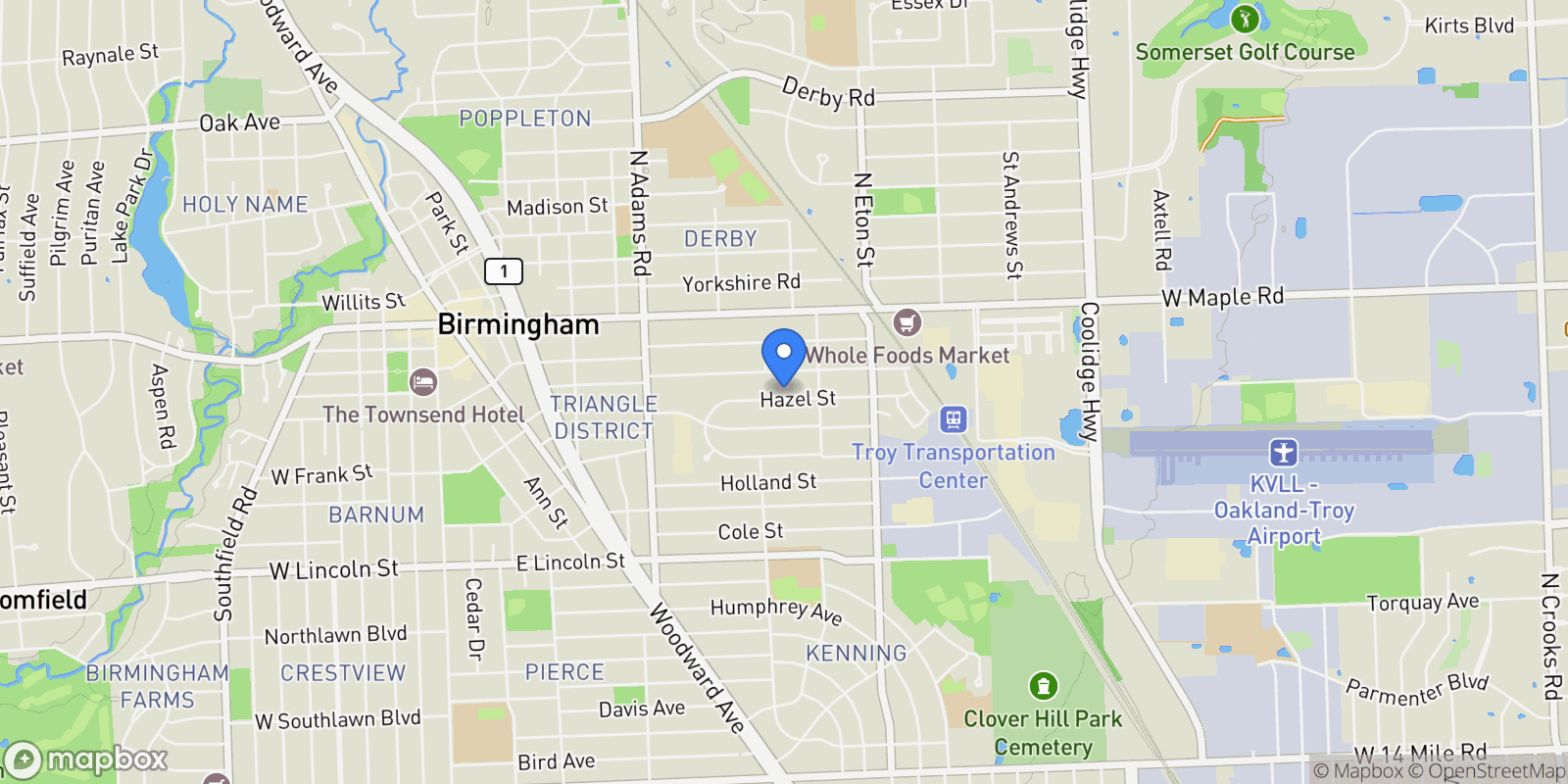 Map showing 1673 HAZEL Street, Birmingham, MI 48009, Birmingham, Michigan, United States.