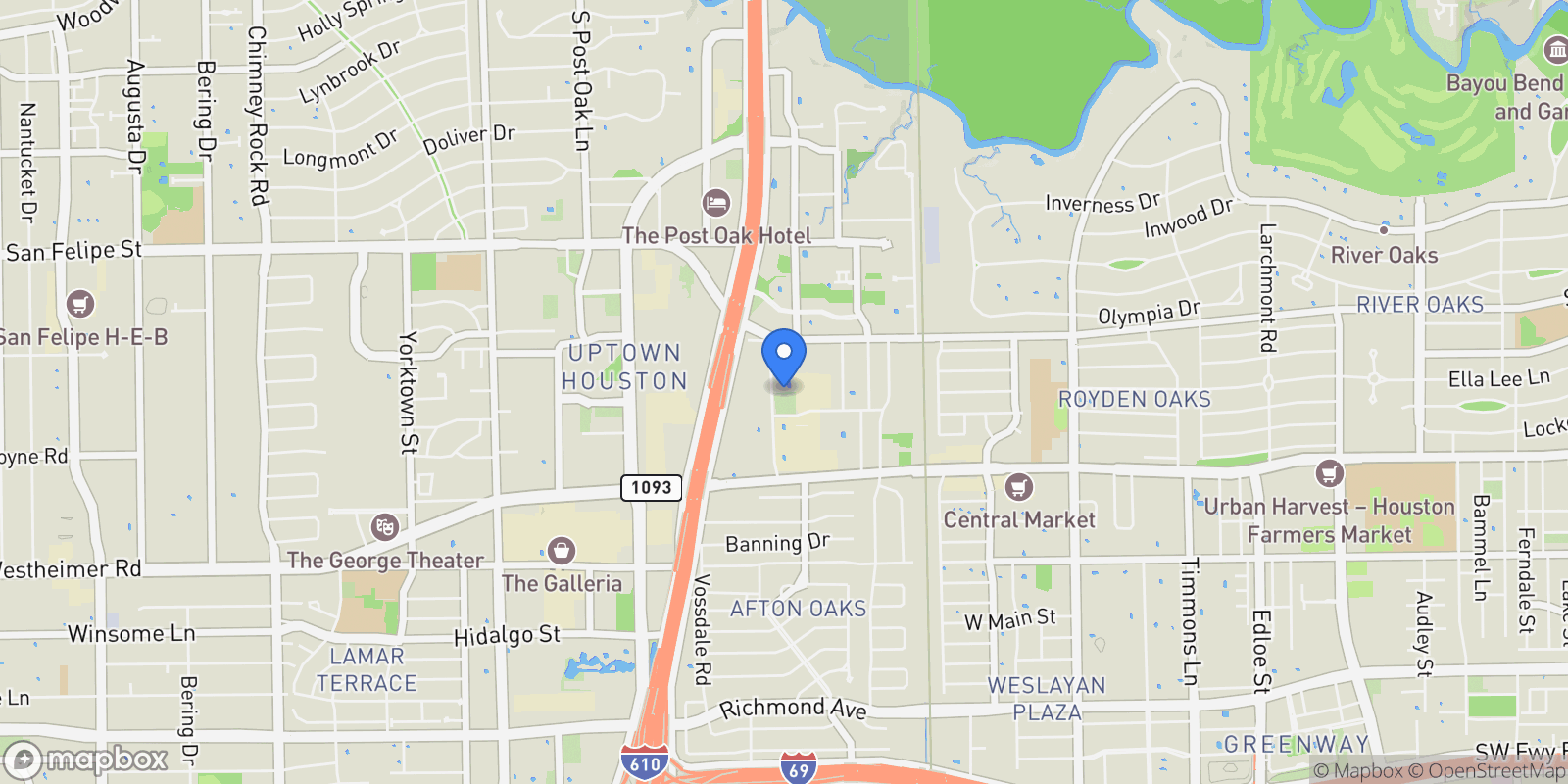 Map showing 2047 Westcreek Lane, Houston, Texas, United States.