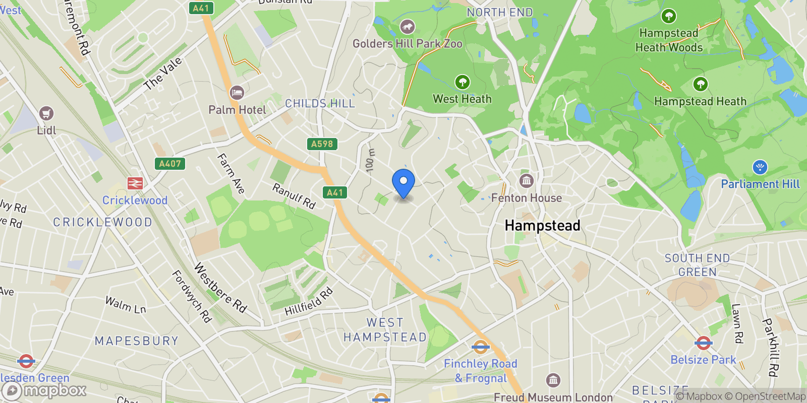 Map showing Kidderpore Gardens, Hampstead, London, NW3 7SS, London, United Kingdom.