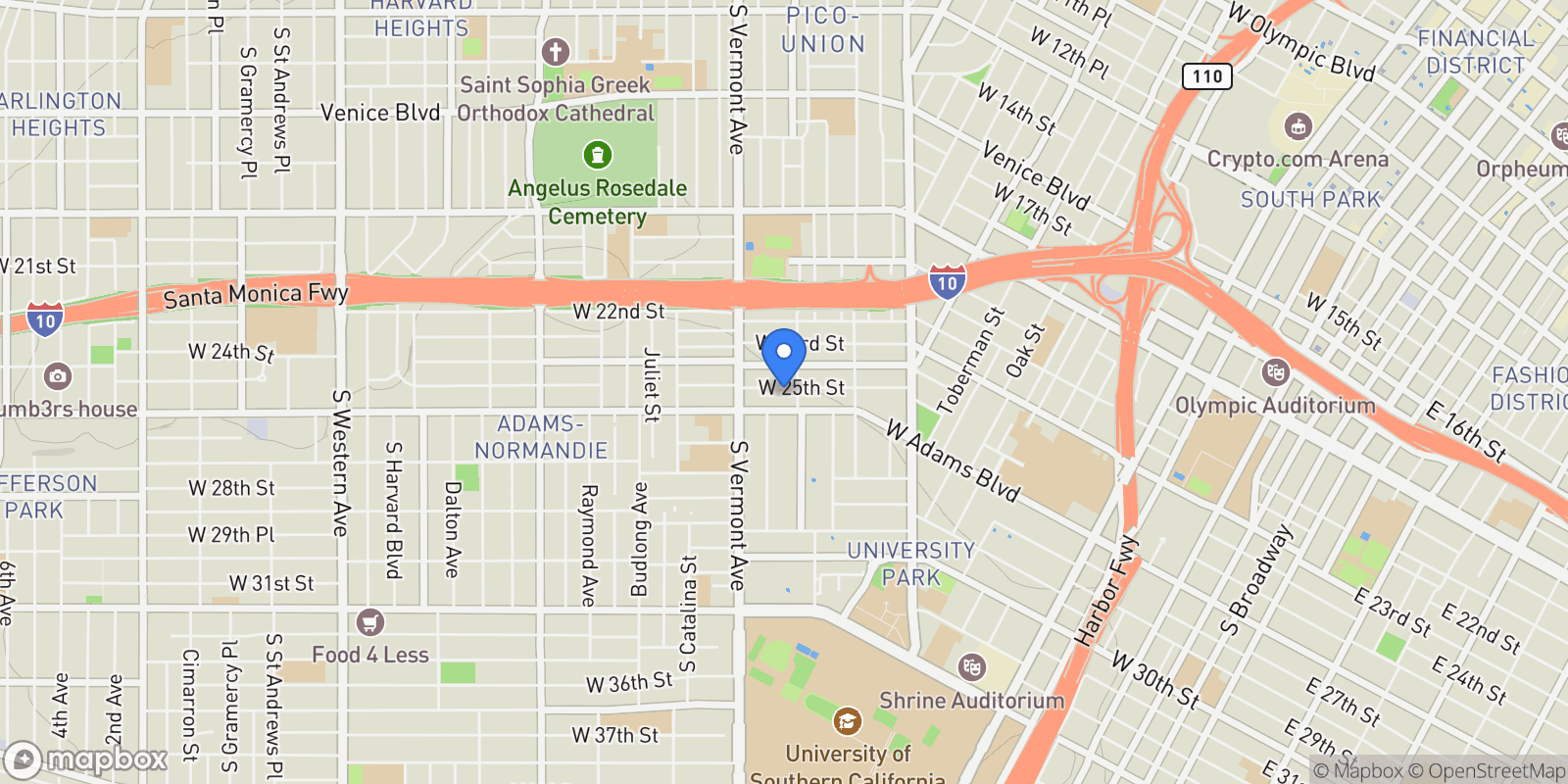 Map showing 1320 W 25th Street, Los Angeles, California, United States.
