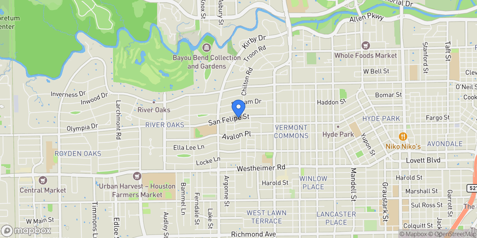 Map showing 2323 San Felipe Street, Houston, Texas, United States.