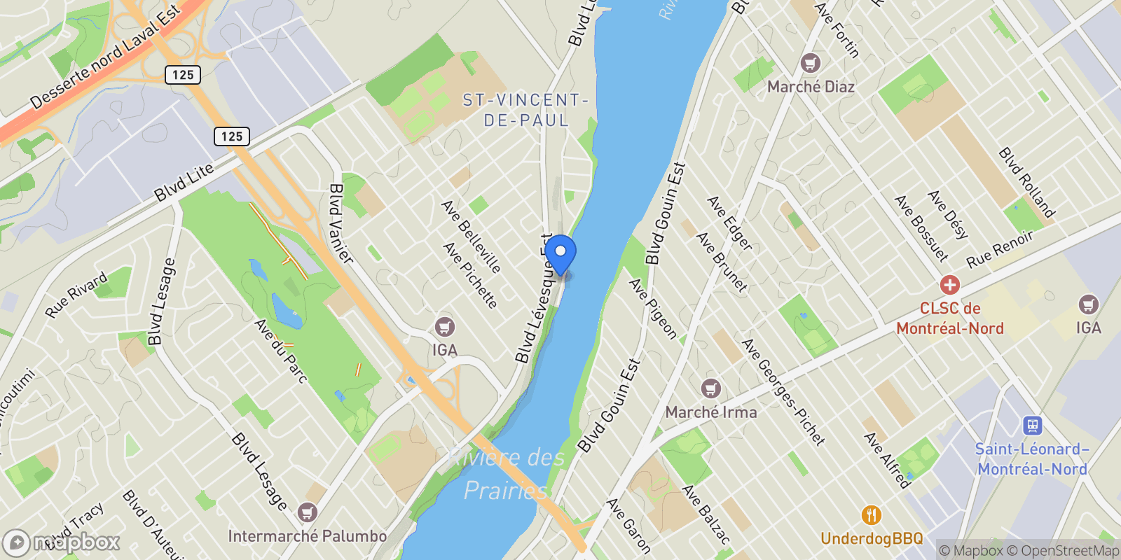 Map showing 75 Av. Bellevue, Saint-Vincent-de-Paul, QC H7C1T2, Laval, Quebec, Canada.