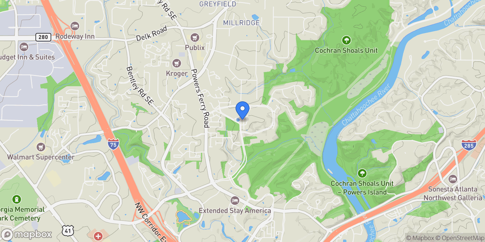 Map showing 1586 Aldworth Place SE, Atlanta, GA 30339-5807, Atlanta, Georgia, United States.