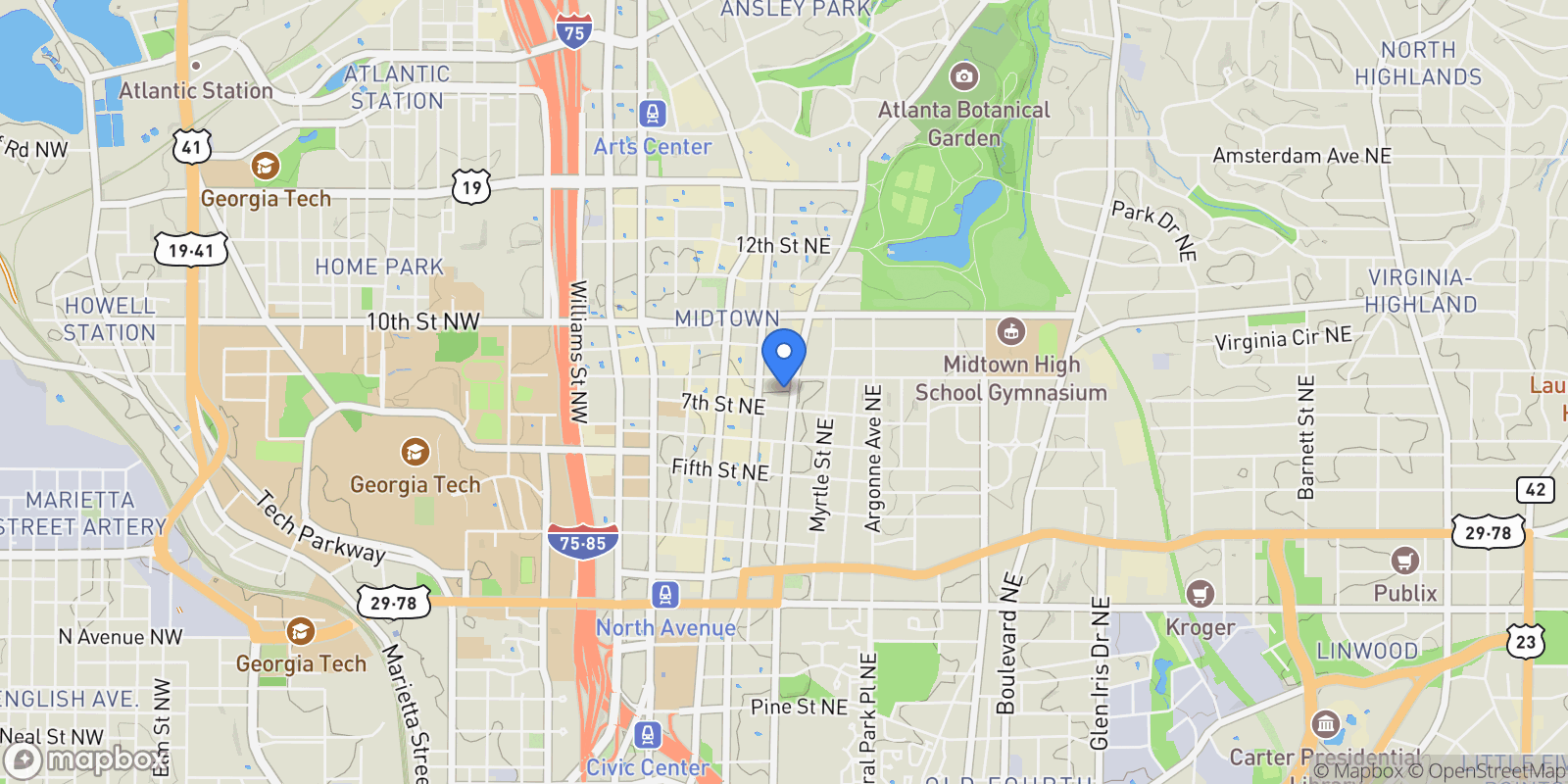 Map showing 892 Piedmont Avenue NE No. D, Atlanta, GA 30309, Atlanta, Georgia, United States.