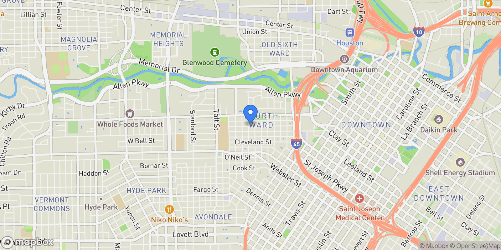 Map showing 1316 Robin Street, Houston, Texas, United States.