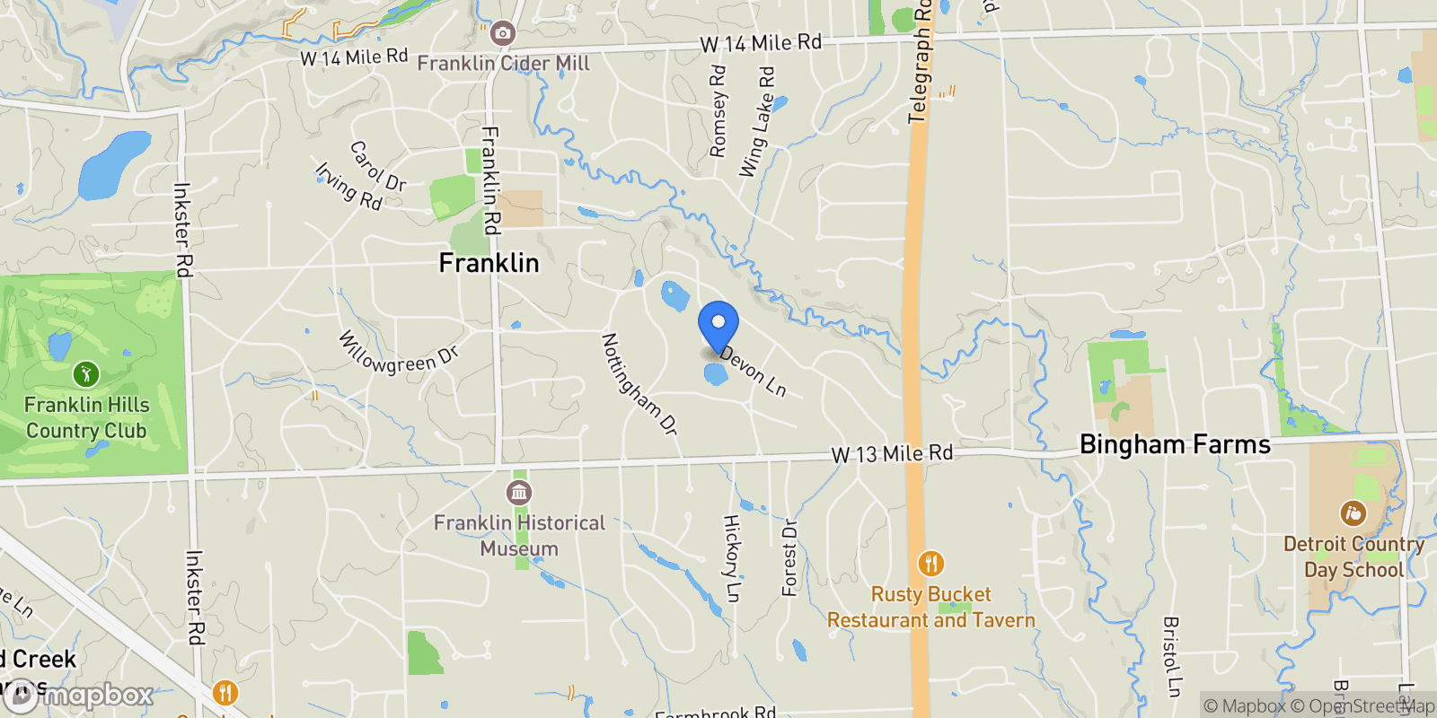 Map showing 25325 Devon Lane, Franklin Village, MI 48025, Beverly Hills, Michigan, United States.