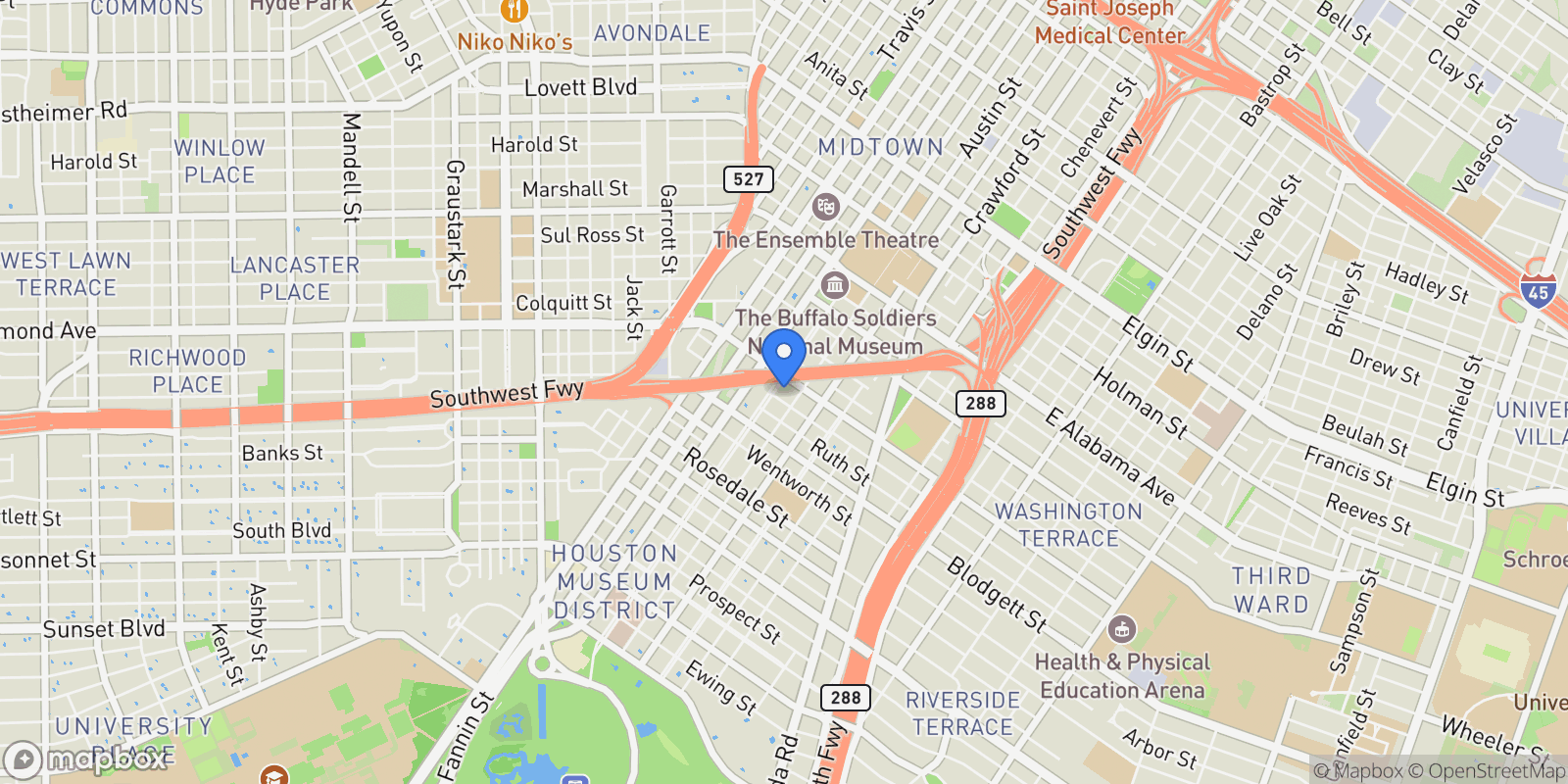 Map showing 4415 Caroline St, Houston, Texas, United States.