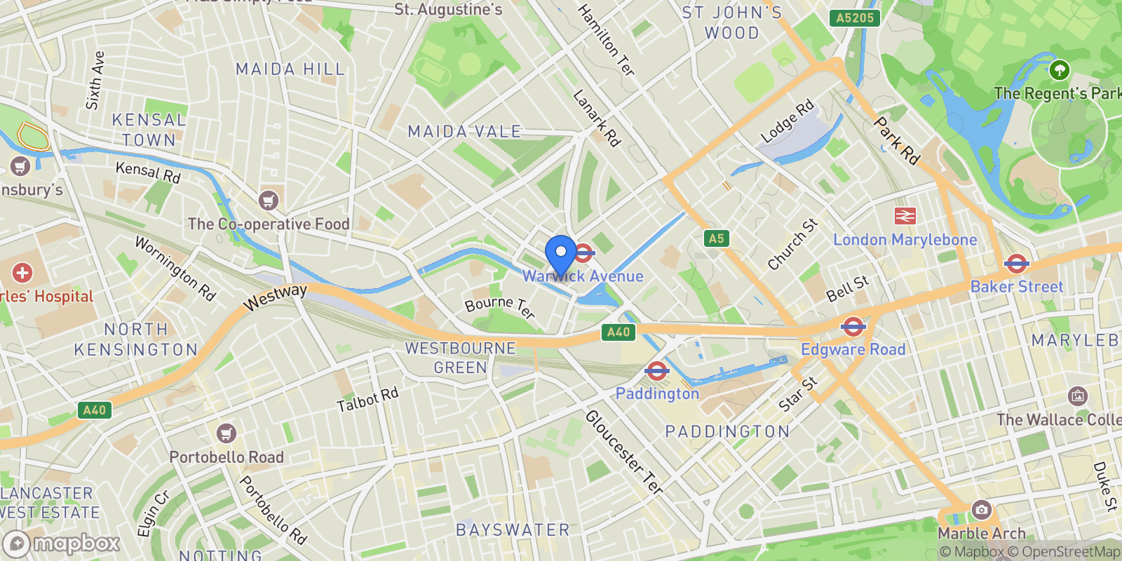 Map showing Blomfield Road, Little Venice, London, W9 2PD, London, United Kingdom.
