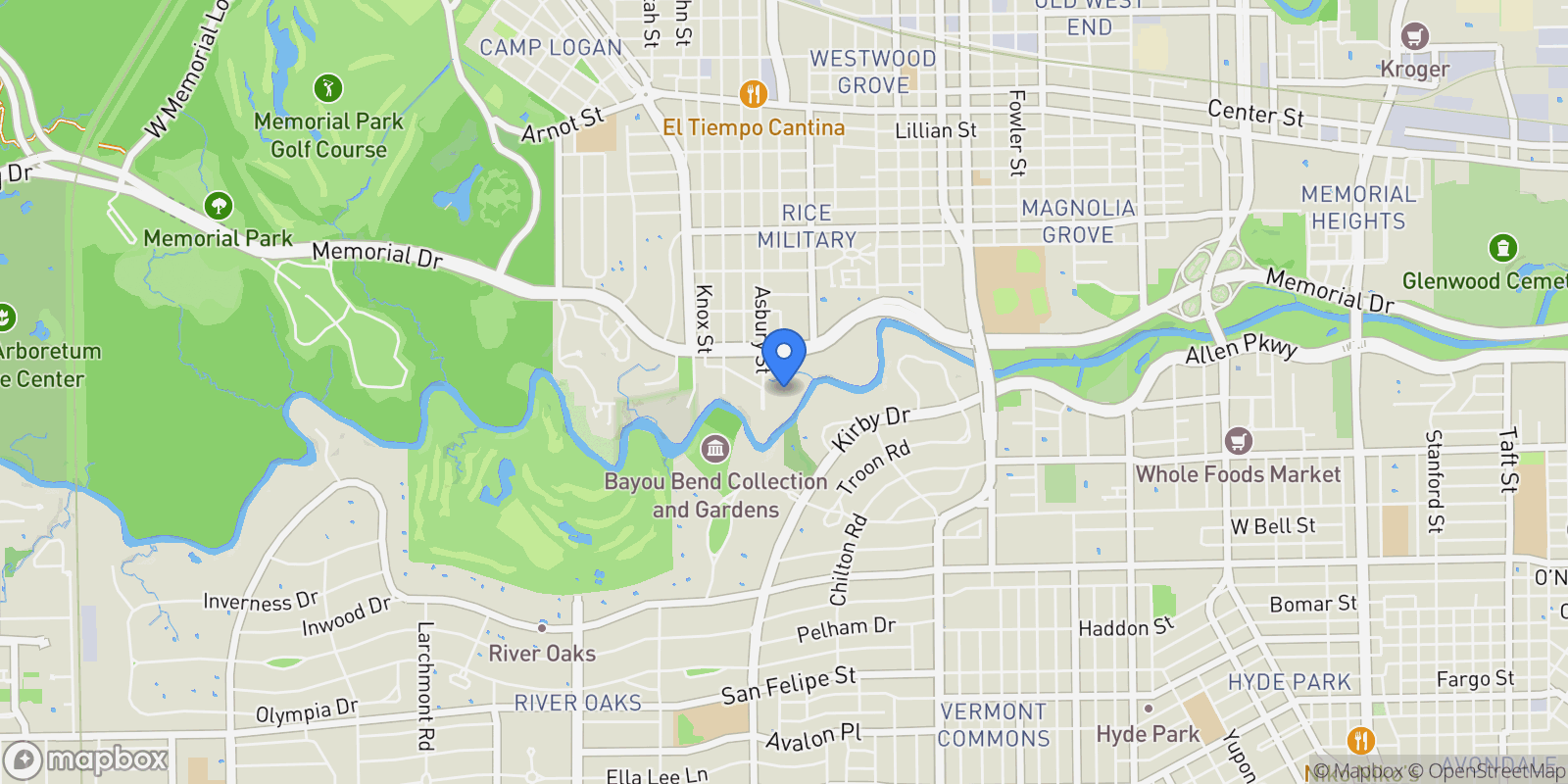 Map showing 102 Asbury Street, Houston, Texas, United States.