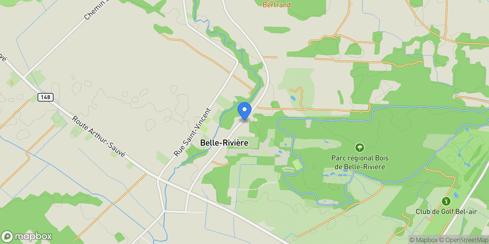 Map showing 8075 Rue de Belle-Rivière, Mirabel, QC J7N2W2, Mirabel, Quebec, Canada.