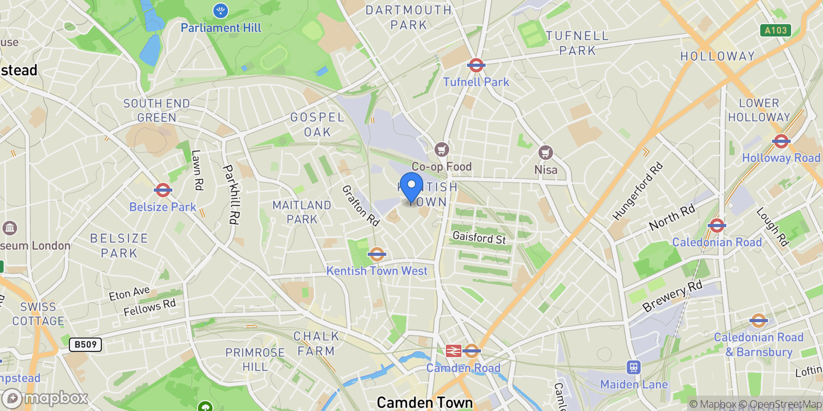 Map showing 55 Holmes Road, Kentish Town, London, NW5 3AN, London, United Kingdom.