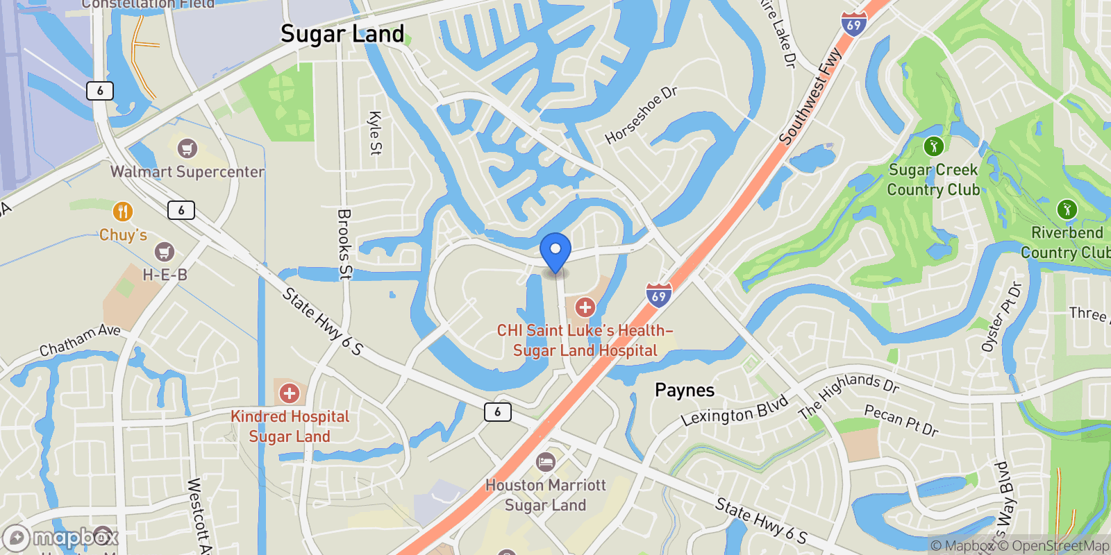 Map showing 1126 Lake Pointe Parkway, Sugar Land, TX, United States.