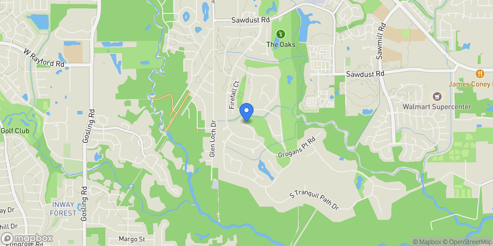 Map showing 30 Halfmoon Court, The Woodlands, Texas, United States.
