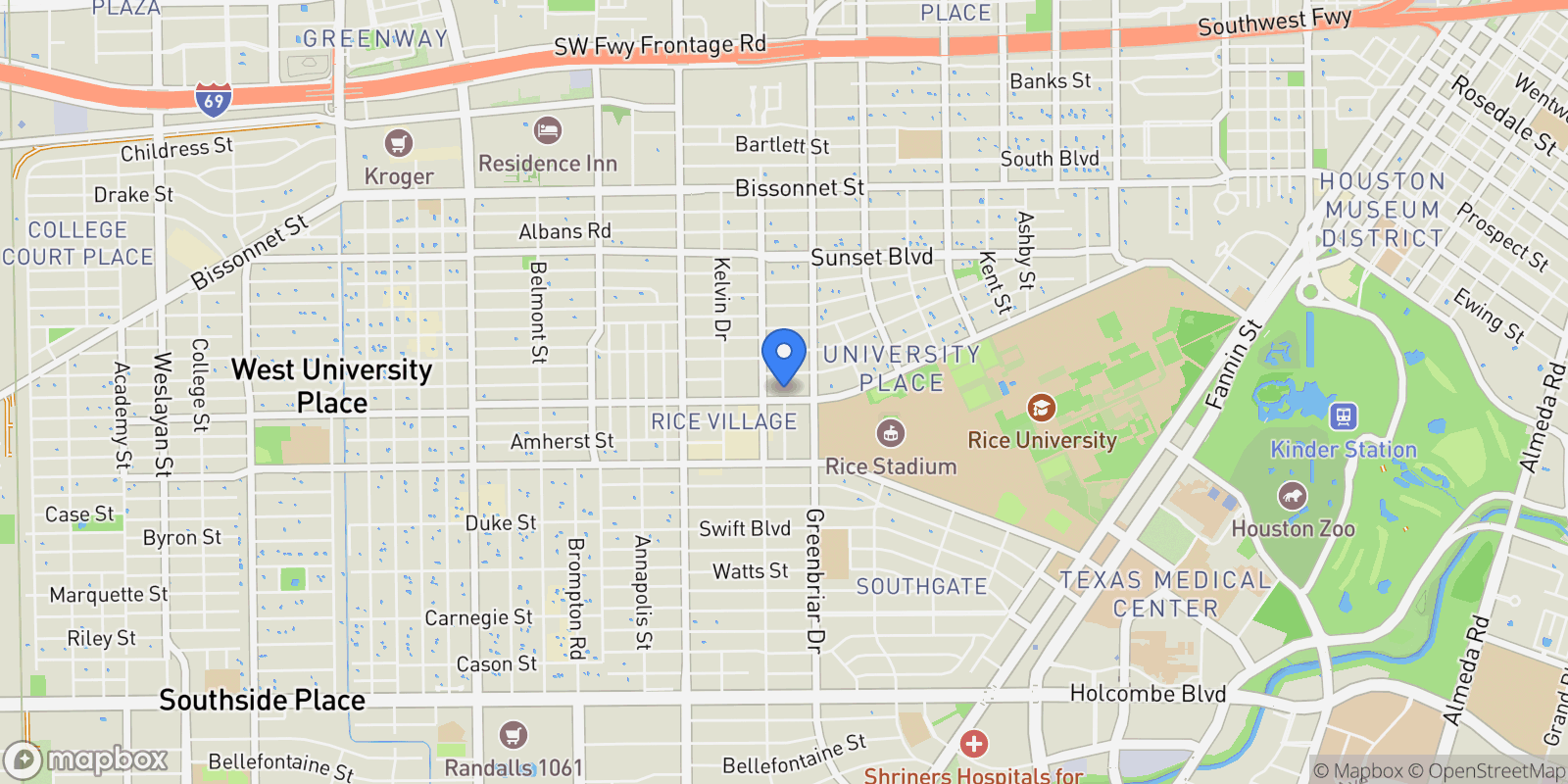 Map showing 2360 Rice Boulevard, Houston, Texas, United States.