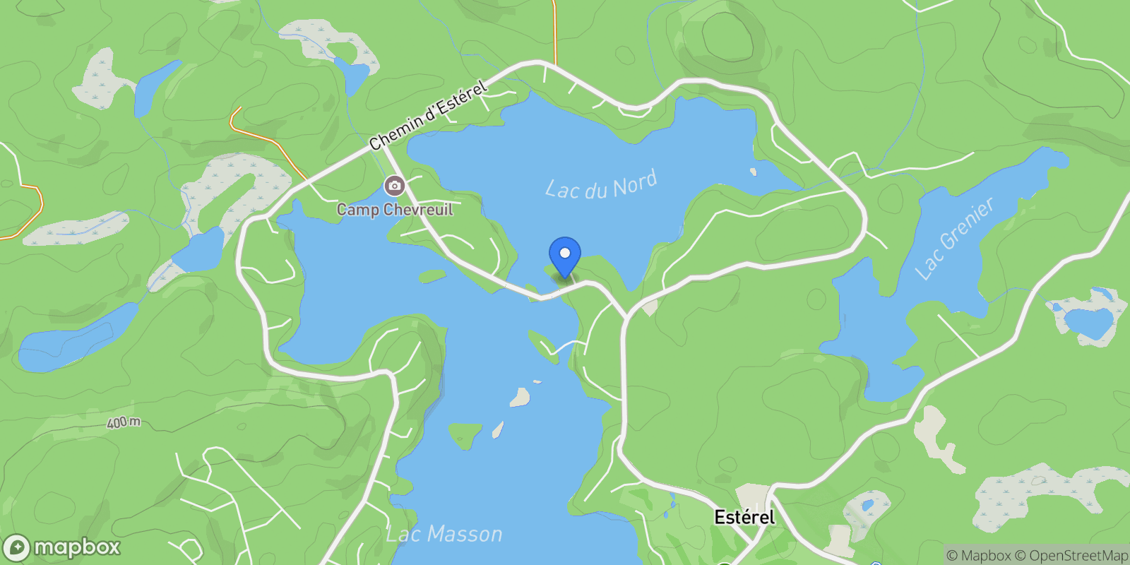 Map showing Av. des Amiraux, Estérel, QC J0T1E0, Estérel, Quebec, Canada.