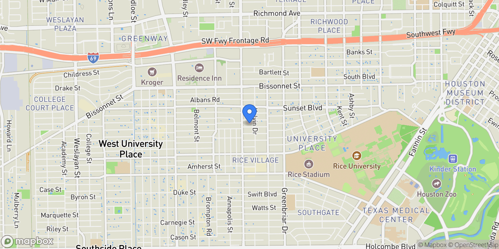 Map showing 2520 Robinhood Street, Houston, Texas, United States.