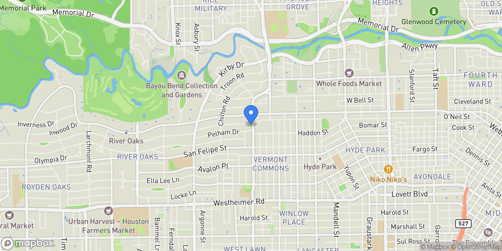 Map showing 2105 Del Monte Drive, Houston, Texas, United States.