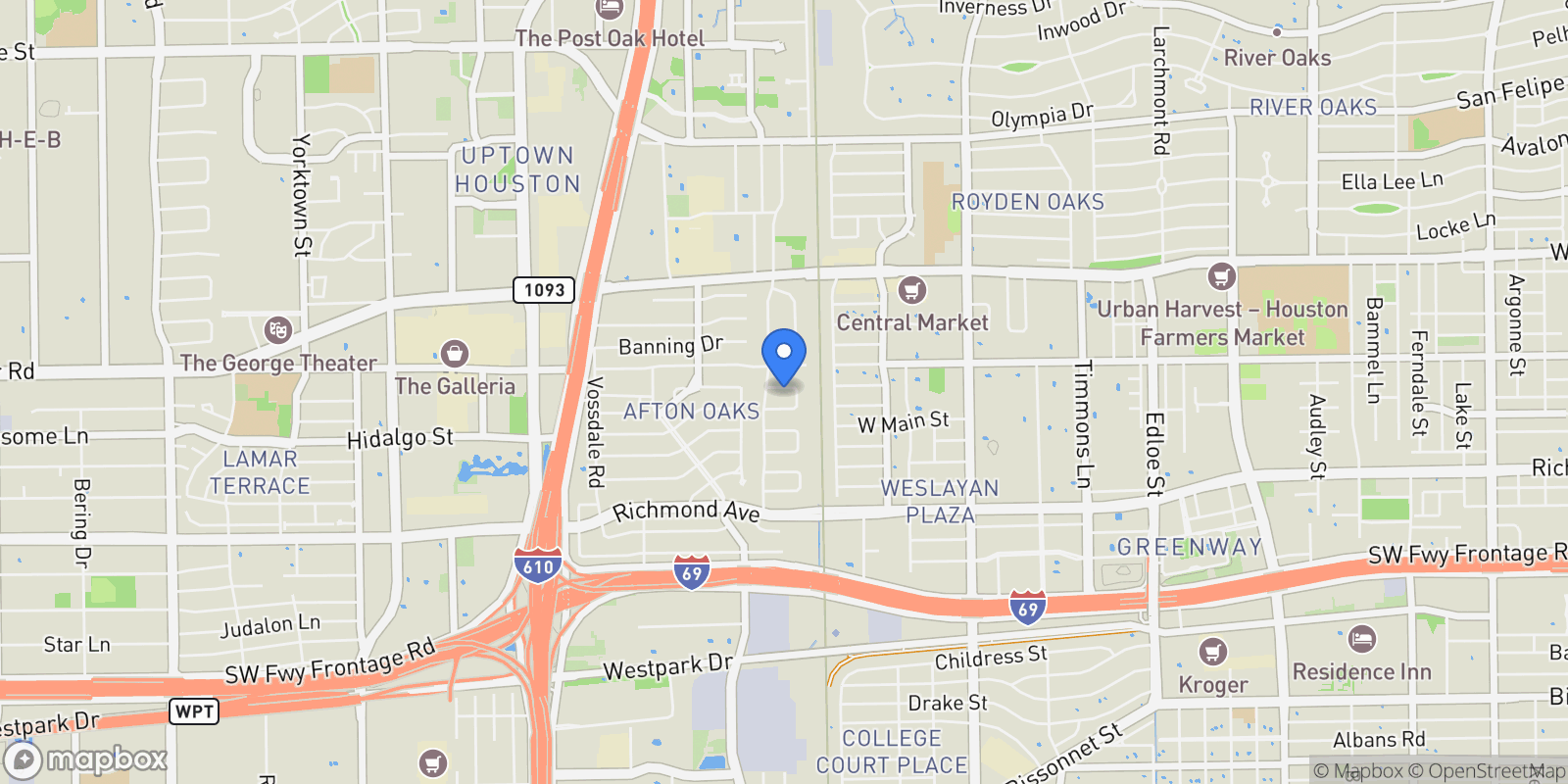 Map showing 7 Lana Lane, Houston, Texas, United States.