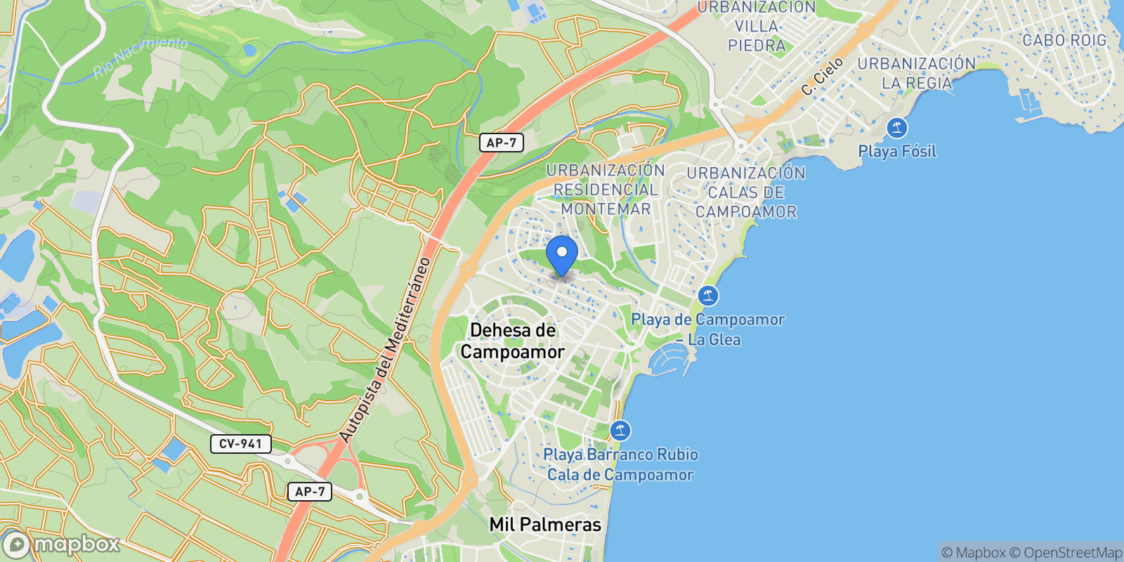 Map showing Orihuela Costa, Alicante, Orihuela Costa, Dehesa de Campoamor, Orihuela, Valencian Community.