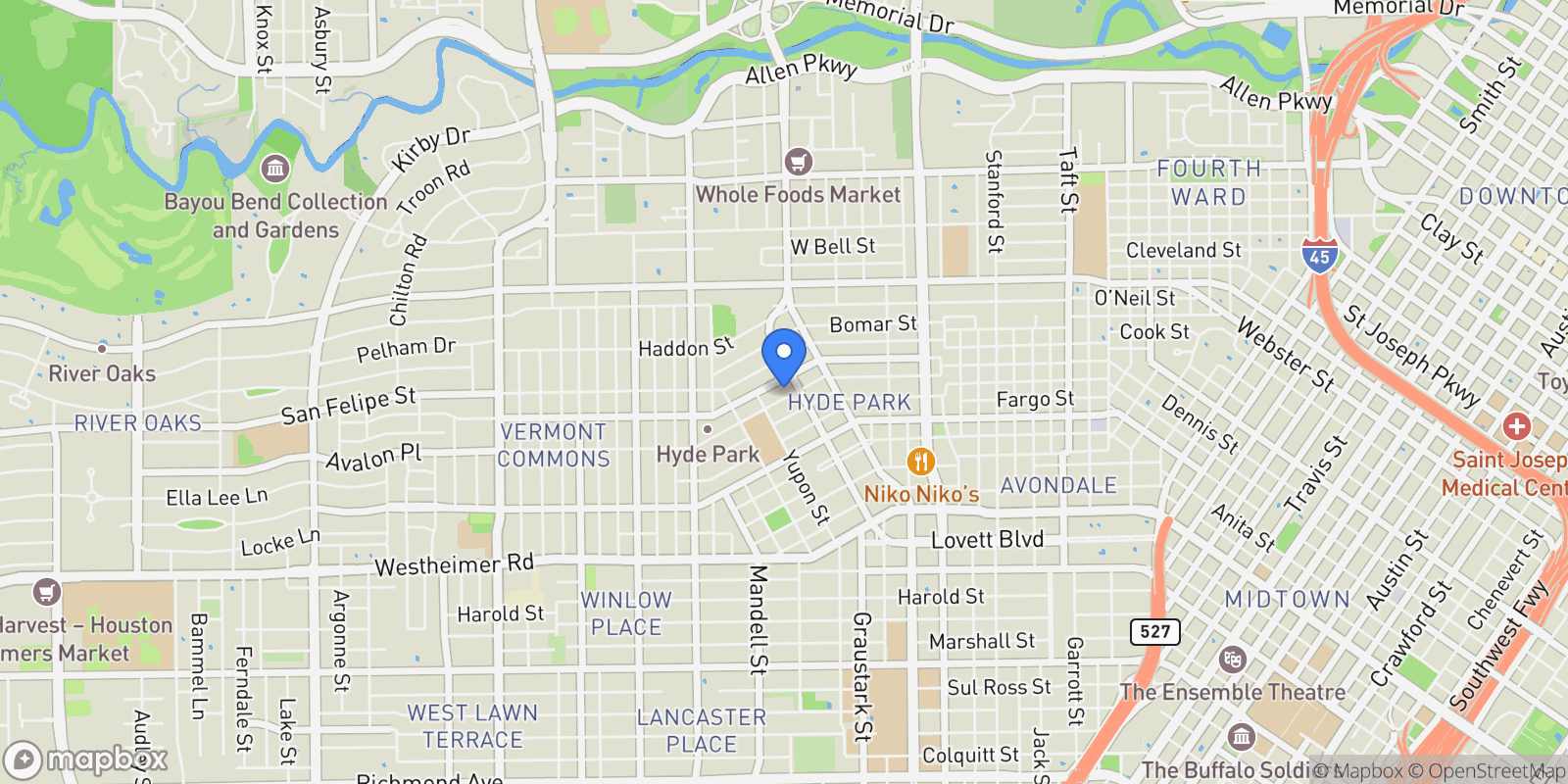 Map showing 1506 Indiana Street, Houston, Texas, United States.