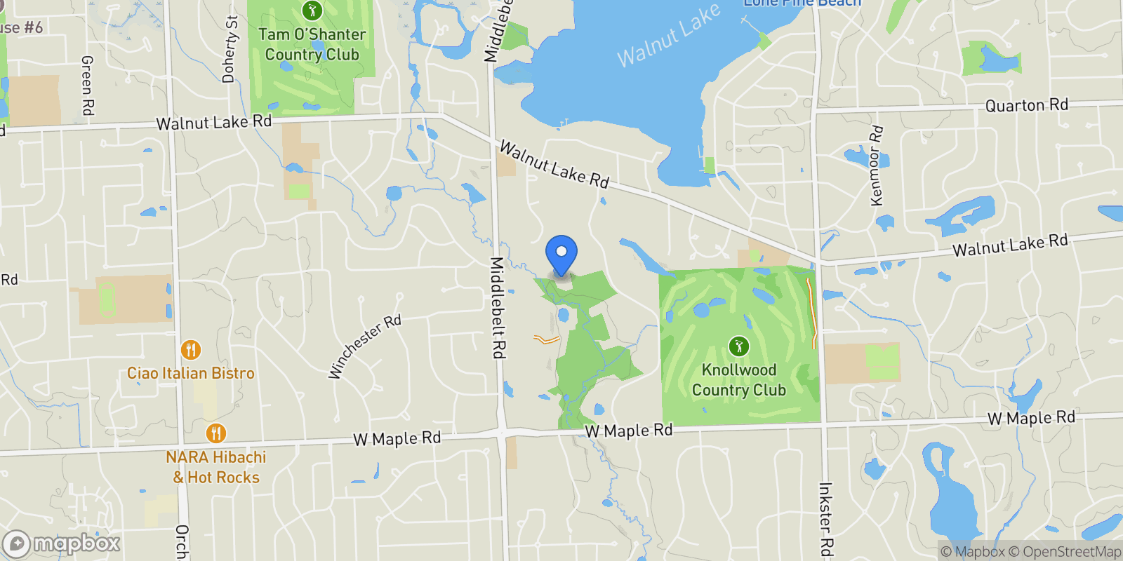 Map showing 5764 Bloomfield Glens Road, West Bloomfield Charter Township, MI 48322, Farmington Hills, Michigan, United States.
