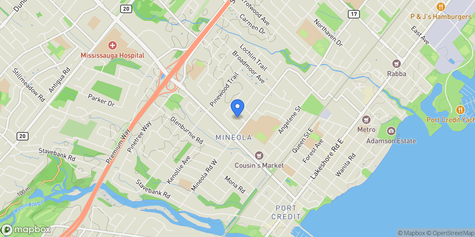Map showing 1366 Wilson Ave, Mississauga, ON L5G 3K2, Canada, Mississauga, Ontario, Canada.